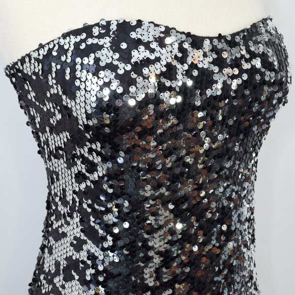 As U Wish Two Way Sequin Strapless Bodycon Evening Cocktail Dress Black Silver M - Picture 4 of 13